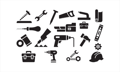 Fototapeta premium Construction Tool Icons Pack – Black Vector Symbols for Building and Repair