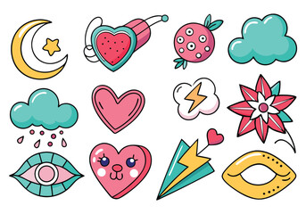 Fototapeta premium Cute Kawaii Doodle Stickers Hearts, Clouds, Stars, and More