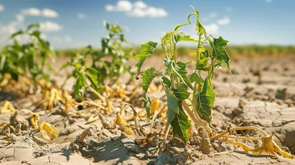 Withered plants on cracked earth under bright sky, drought impact