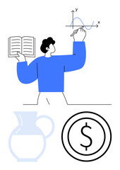 Person pointing at line graph with book in hand, dollar coin, and jug sketch. Ideal for finance, education, business, economy, learning, data analysis simple landing page