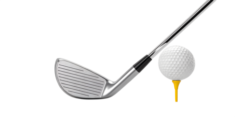 Golf club and ball on tee for golf equipment and sports concept on transparent background