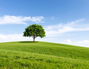 Lone tree on a hill in an open field with smooth ground
