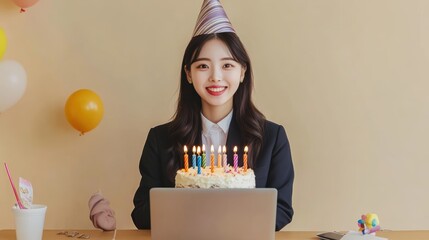 Happy work anniversary,group of young creative team feeling happy after work success at working place in office,birthday cake and celebration and party,good job concept.