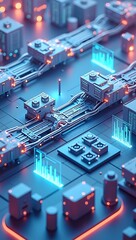 Fototapeta premium Isometric 3D render of an AI-powered automated factory floor with robotic conveyor systems, sorting bots, and digital monitoring stations. 