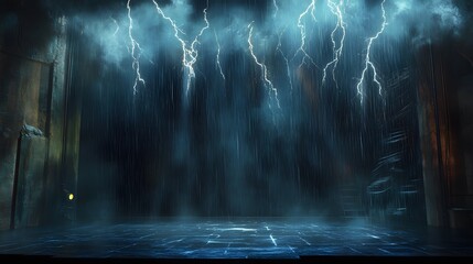 A stage during a thunderstorm scene with artificial rain and lightning effects