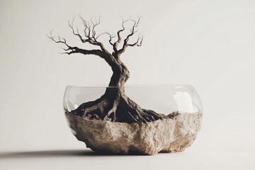 Product mockup with tree roots and earthy rock contrast
