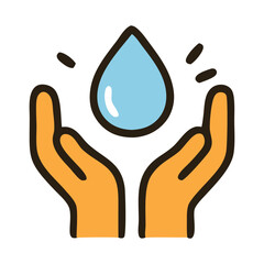 Cute flat design icon of hands holding a water drop, symbolizing water saving and marine conservation. Perfect for environmental and ecological awareness projects.