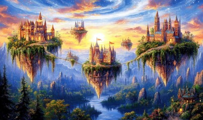 Fantasy Sky Castles, Sunset Landscape, Floating Islands, Magical Realm, Artwork