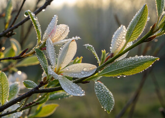 Dewy Willow Blossoms in Morning Light