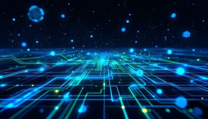 Obraz premium Futuristic digital grid with glowing blue and green circuit lines, floating data particles, and a dark background with neon highlights.