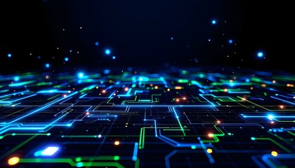 Futuristic digital grid with glowing blue and green circuit lines, floating data particles, and a dark background with neon highlights.