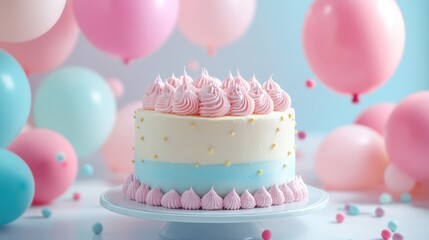 Happy birthday greeting and Birthday cake and inflatable balloons,invitation card template,congratulations,Festive cake concept.