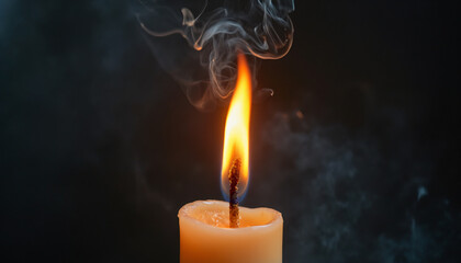 Lit Candle with Flame and Smoke on Dark Background