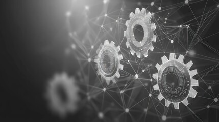 Abstract grayscale gears interconnected by network nodes.