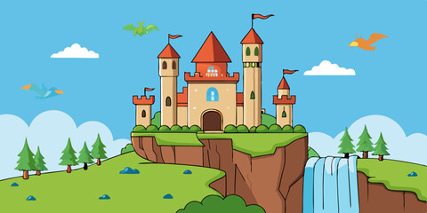 vector illustration of a majestic castle on a cliff with waterfalls and flying dragons in the sky