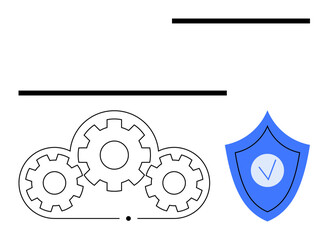 Cloud with three gears representing process optimization, alongside a shield with a checkmark for cybersecurity. Ideal for technology, cloud computing, data security, industry, innovation, automation