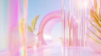 Futuristic 3D Holographic Pink Blue Transparent Arches and Glass Spheres with Tropical Palm Reflection in Dreamy Minimalist Digital Art Landscape