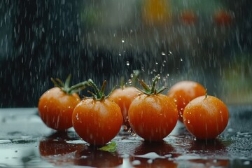 Tomatoes tumble and spin on a wet surface as water droplets cascade around them, Tomatoes falling and spinning on wet surface, Ultra Slow Motion