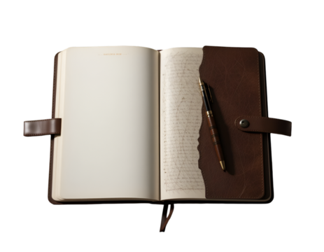 Open Journal with Pen Resting on Leather Cover, Ready for Writing