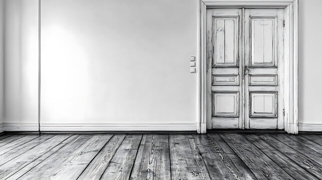 The interior shows a worn wooden floor and a double door