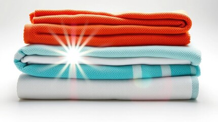 A stack of folded towels in orange blue and white with a bright light in the middle of the stack