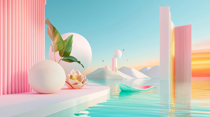 Pastel Pink and Mint Geometric Arches by Tropical Pool with Lotus Flower, 3D Futuristic Dreamy Summer Landscape Digital Art with Sunset Sky and Soft Light