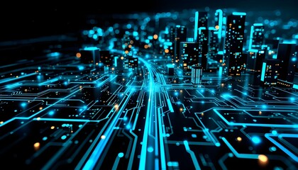 Futuristic circuit board pattern with neon blue and cyan highlights on a sleek black background .