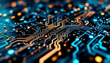 Futuristic circuit board pattern with neon blue and cyan highlights on a sleek black background .