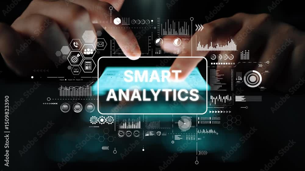 Poster Smart Analytics Concept with Hands Interacting with a Touchscreen Device Surrounded by Digital Interface Elements. Asymptotic smart data analytic.