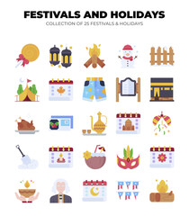 Collection of 25 Festivals and Holidays. Colorful Flat Icons