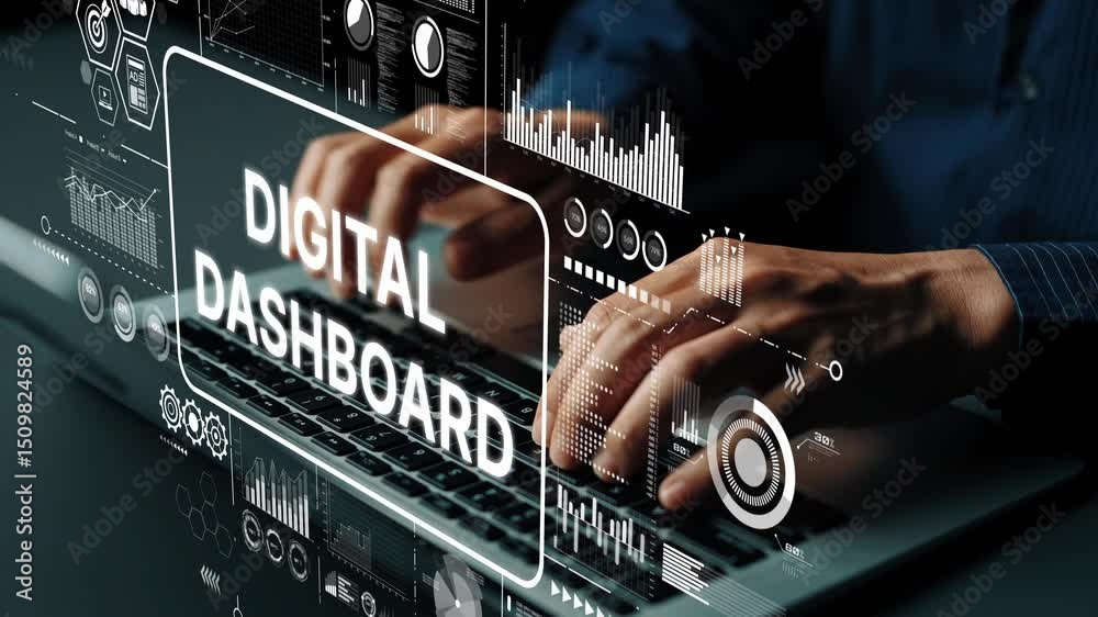 Aufkleber hands typing on laptop with digital dashboard and data visualization elements in modern workspace en