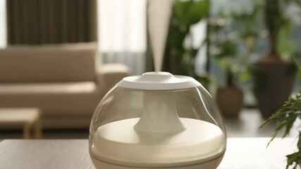 Ultrasonic aromatherapy diffuser emitting cool mist vapor for relaxation on table, modern interior design with houseplants provides tranquil atmosphere - Powered by Adobe