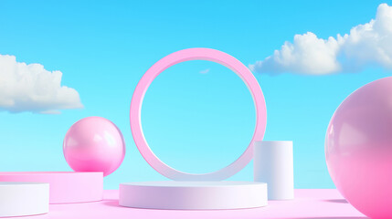 3D pink white glossy spheres and ring abstract geometric minimal design podium under blue sky with fluffy clouds pastel futuristic cute clean aesthetic surreal background illustration