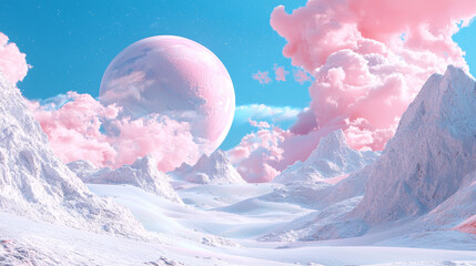 3D dreamlike alien arctic valley with snowy terrain, pastel pink clouds, and a giant looming planet under a vibrant blue sky in a surreal extraterrestrial fantasy world background