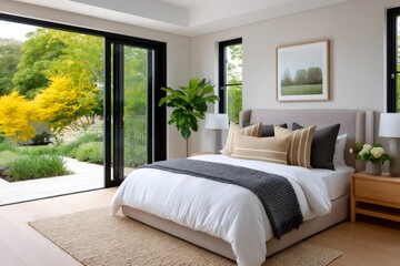 Modern bedroom overlooking beautiful garden with sliding glass doors open