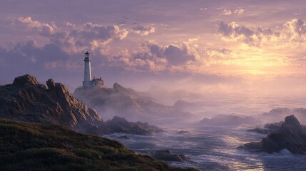 Coastal Lighthouse in Foggy Sunrise Landscape. High quality