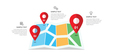 Business infographic template. 3 step journey. With 3 option map design.