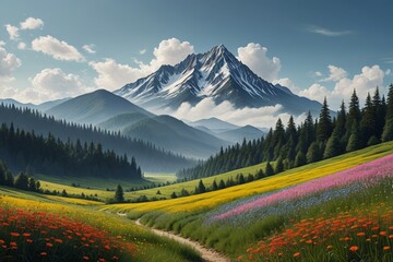 painting of a mountain with a path in the middle of a field of flowers