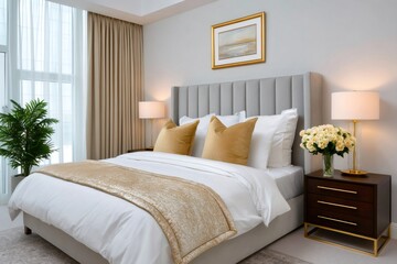 Modern bedroom interior with gold and gray color scheme featuring comfortable bed