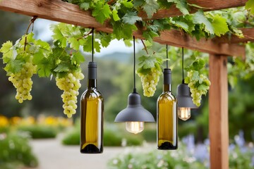 Wine bottles hanging upside down as lamps with white grapes decorating a pergola