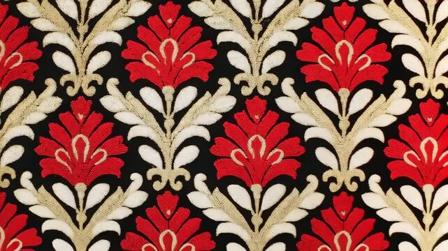 Detailed close-up of vibrant red and gold floral embroidery on black fabric in a repeating damask pattern, showcasing intricate needlework.