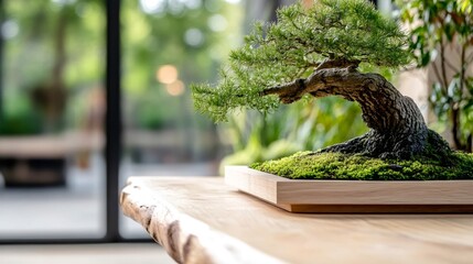 Fototapeta premium Small bonsai tree growing in a wooden pot on a wooden table