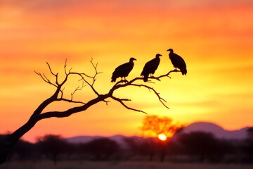 Vultures perching on a dry tree at sunrise in the african savanna