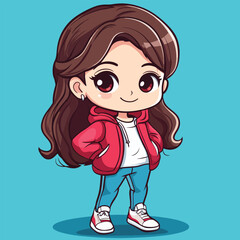 Fototapeta premium Confident Anime Girl in Red Hoodie and Jeans