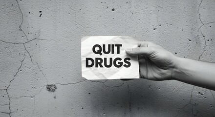 Quit Drugs A Hand Holding a Note with the Words 'Quit Drugs' on a Cracked Wall Background
