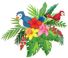 Obraz premium Colorful Birds and Tropical Flower Arrangement