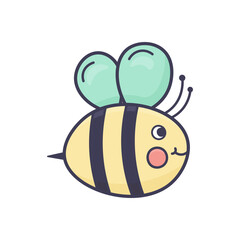 Cute vector bee in doodle style on white background. Yellow with black stripes and green wings. Perfect for kids’ designs, stickers, spring decor. Isolated stock vector.