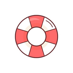 Vector cute cartoon lifebuoy in red and white on white background. Vector doodle style. Perfect for summer designs, beach themes, kids’ projects, and stickers. Isolated stock image.
