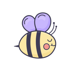 Cute cartoon bee with purple wings and closed eyes in doodle style. Isolated on white. Great for kids' prints, cards, or stickers.