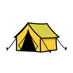 Yellow camping tent with green top and open entrance  